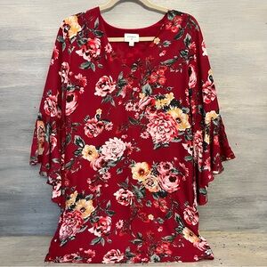 Everly Red Floral Print 3/4 Exaggerated Bell Sleeve Tunic Dress Medium Like New